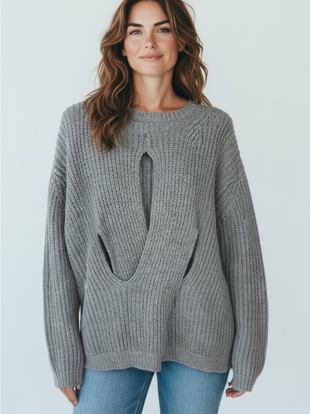 Nude Women's Gray Cutout Back Slit Long Sleeve Knit Sweater Size S